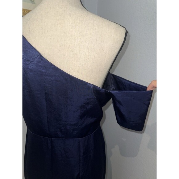 Navy Draped Dress One-Shoulder Satin Sz 10 Slit Evening Cocktail Blue Long ASOS - Picture 8 of 16